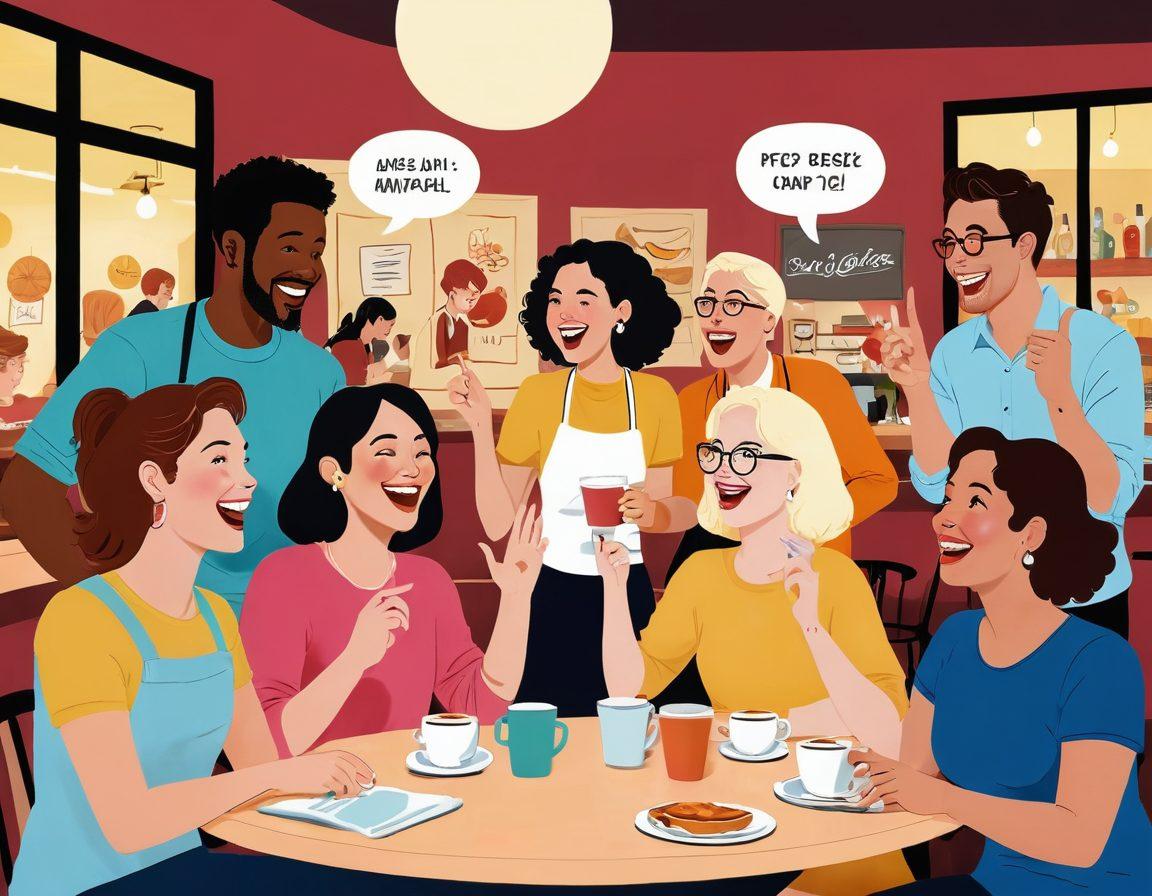 A playful and whimsical illustration featuring a diverse group of adults engaging in humorous banter at a lively café, with exaggerated expressions and witty gestures. In the background, soft and warm lighting highlights various comedic elements related to relationships, like speech bubbles with cheeky jokes and humorous symbols. The scene should convey a lighthearted atmosphere that embraces adult humor while promoting an inclusive vibe. vibrant colors. cartoon style.
