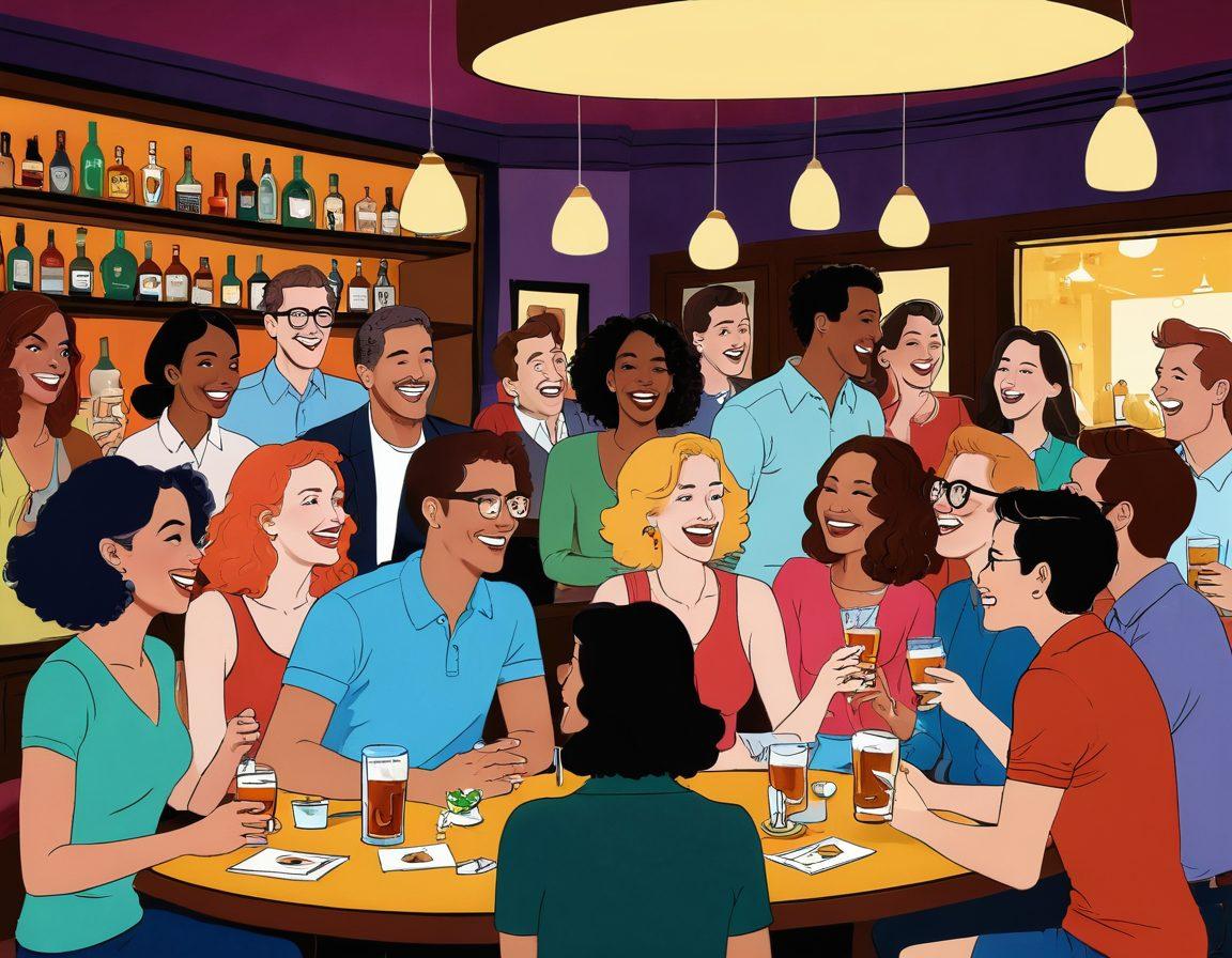A lively scene depicting a diverse group of people engaged in humor-filled conversations over drinks, surrounded by cheeky cartoonish illustrations of various adult-related themes. The setting is a cozy bar with warm lighting, laughter in the air, and playful dialogue bubbles popping around. Vibrant colors and animated expressions convey the essence of adult comedy and modern relationships. cartoon style. vibrant colors. playful atmosphere.