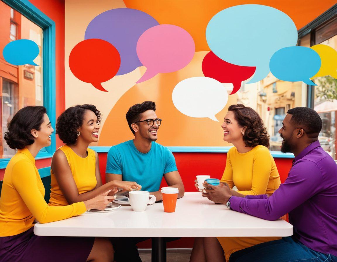 A whimsical scene depicting a diverse group of adults engaging in a lighthearted conversation at a café table, surrounded by humorous sexual innuendos illustrated as cartoonish thought bubbles. The background features a colorful, abstract representation of societal symbols related to sexuality and relationships, blending humor and insight. Bright, vibrant colors. cartoon style.